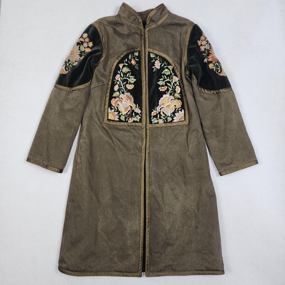 Vintage Minh Hanh Duster Coat Womens M Beige Floral Embroidered Sleeve Patch